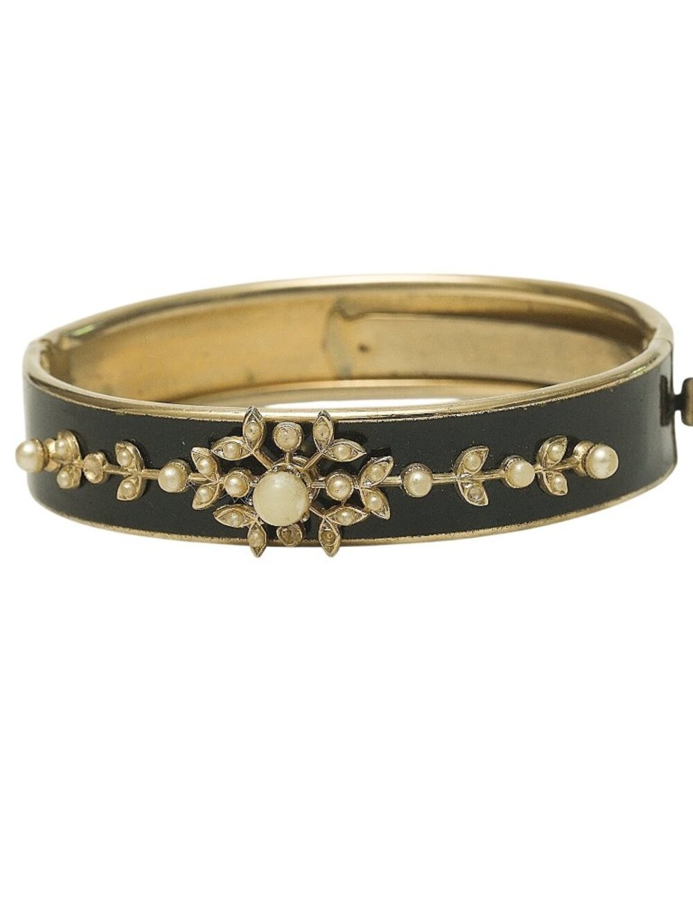 Vintage Victorian Revival Bangle Bracelet Black Enamel Faux Pearl Goldplate